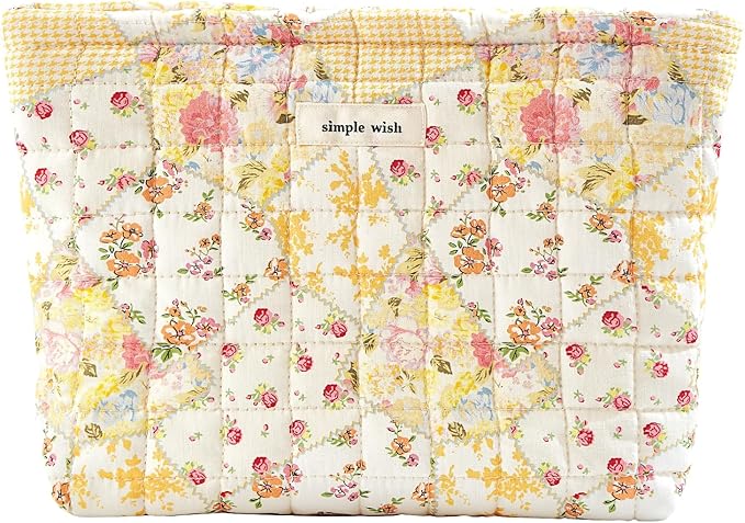 Sminra Quilted Floral Makeup Bag for Women, Cotton Cosmetic Pouch with Zipper, Slim Travel Toiletry Organizer for Makeup, Skincare and Daily Essentials Organizer (Beige Floral-L)