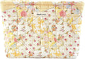 Sminra Quilted Floral Makeup Bag for Women, Cotton Cosmetic Pouch with Zipper, Slim Travel Toiletry Organizer for Makeup, Skincare and Daily Essentials Organizer (Beige Floral-L)