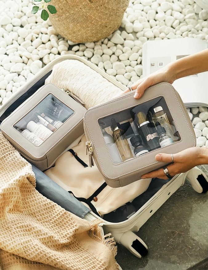 Popvibe Clear Makeup Bag Set 2 Pack Travel Cosmetic Case Toiletry Bag with Zipper Make Up Case Traveling, Stone, Medium and Large