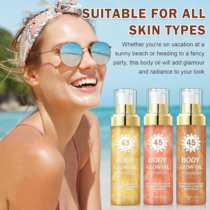 LZXLUKGIR Shimmer Body Oil,SPF 45 Broad Spectrum,Shimmer Sunscreen with Rose Gold Mica,Lightweight Non-Sticky Body Glow Oil,Absorbs Quickly,3.72 fl oz,ROSE