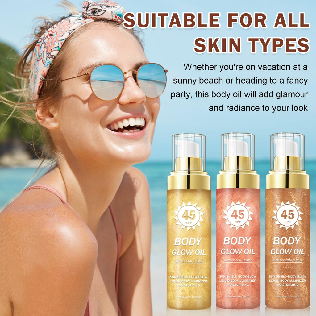LZXLUKGIR Shimmer Body Oil,SPF 45 Broad Spectrum,Shimmer Sunscreen with Rose Gold Mica,Lightweight Non-Sticky Body Glow Oil,Absorbs Quickly,3.72 fl oz,ROSE