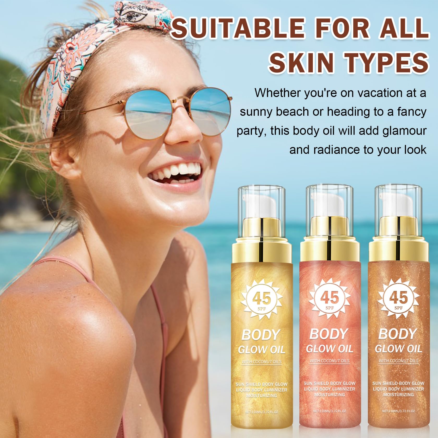 LZXLUKGIR Shimmer Body Oil,SPF 45 Broad Spectrum,Shimmer Sunscreen with Rose Gold Mica,Lightweight Non-Sticky Body Glow Oil,Absorbs Quickly,3.72 fl oz,ROSE