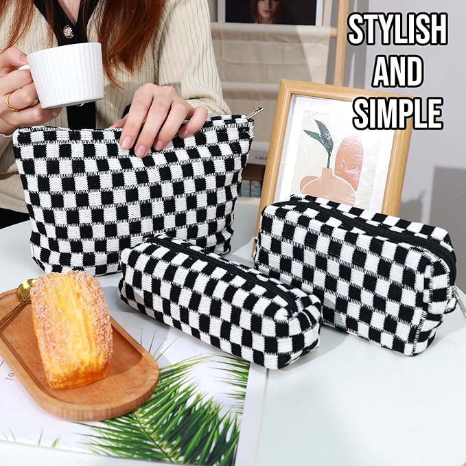 Gocvo 3 Pcs Makeup Bag Cosmetic Bag Set for Girls Women Checkered Travel Organizer Bathroom Toiletry Pouch Large Capacity Storage Bag (Black-White)