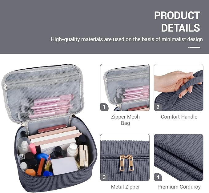 MAGEFY Makeup Bag, 3 Pcs Cosmetics Bag Large Capacity with Handle Make Up Bag for purse Corduroy Bag Pouch for Purse Travel Makeup Organizer Bag-Grey