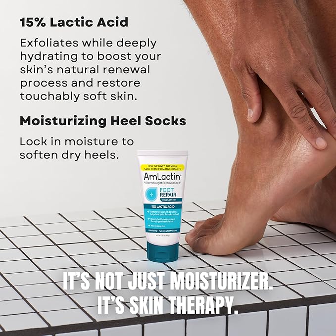 AmLactin Foot Repair Cream with Moisturizing Socks, Therapeutic Foot Cream for Dry Cracked Heels and Feet, No-Scrub Exfoliator & Moisturizer with 15% Lactic Acid AHA, 3 oz (Packaging May Vary)