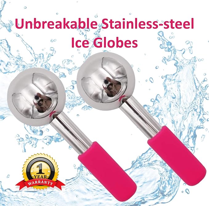 ICE Globes for FACIALS by FABELEGANTE' | Unbreakable Stainless Steel Magic Cooling Beauty Facial Ice Globes for face, Neck & Body | Cryo Sticks & Cold Roller for face Puffiness Set of 2 (Pink)