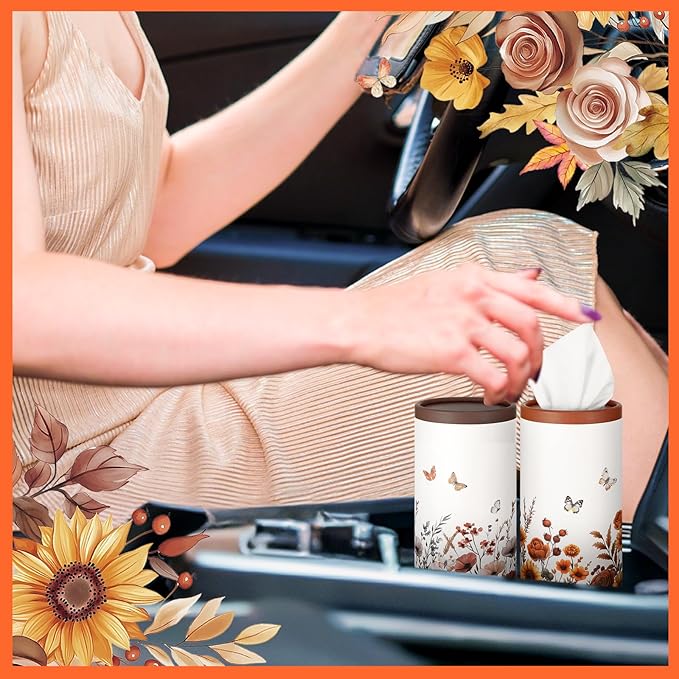 Fourluoo 12 Pack Spring Floral Tissue Boxes for Car Cylinder Bulk Wildflower Round Cylinder Holder with 3 Ply Facial Tissues for Spring Travel Bathroom Office Decoration Supplies