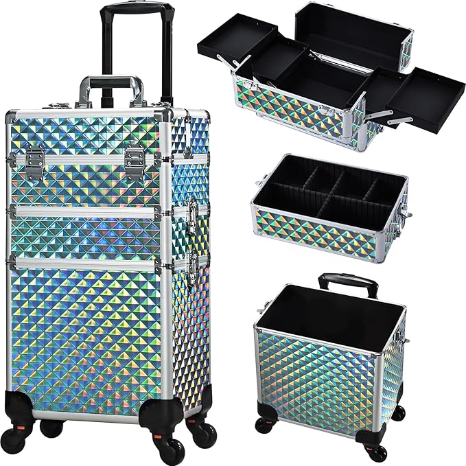 FRENESSA 3 in 1 Rolling Makeup Case Cosmetology Case on Wheel Vintage Black