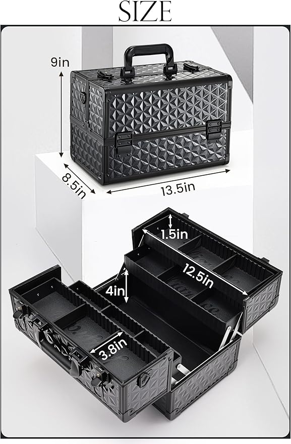 Joligrace Makeup Train Case Professional Cosmetic Organizer Aluminum Storage Box with 4 Adjustable Dividers Trays Lockable Portable with Shoulder Strap - Black