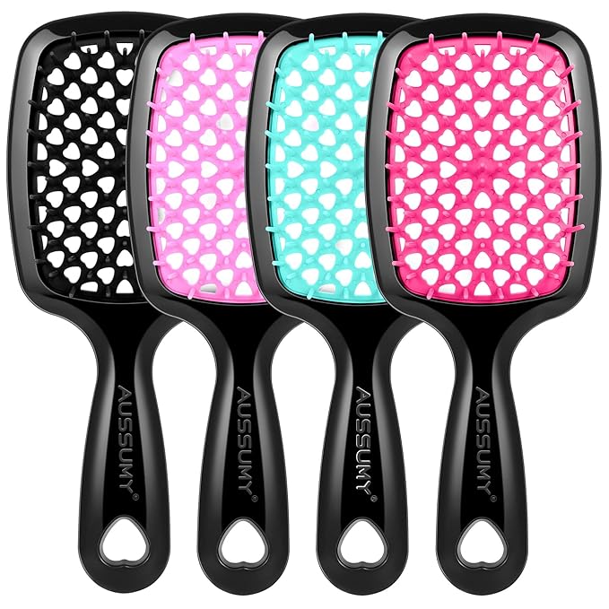 Aussumy 4 Pack Vented Detangling Hair Brush - Detangler Hairbrush with Soft Bristles for Effortless Tangle Free - Ideal for Wet Dry or Curly Damaged Hair for Women Men Kids