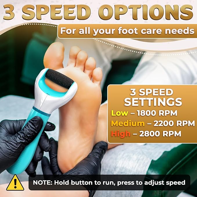 Electric Foot Sander Callus Remover – 3-Speed Foot Sanders for Feet (1800/2200/2800 RPM) with Replaceable Roller | 360° Rotating Head & Precision Control, Easy to Clean – Pedicure Tools for Feet Care