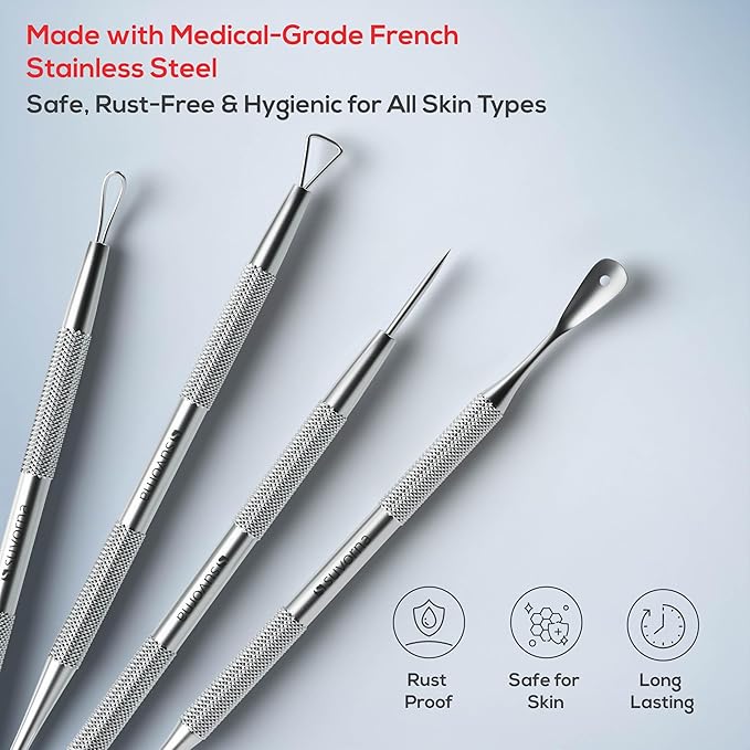 Suvorna Pimple Popper Tool Kit & Milia Remover, 4-Piece Stainless Steel Blackhead Extractor, Whitehead & Comedone Extractor with Lancets for Facial Extraction