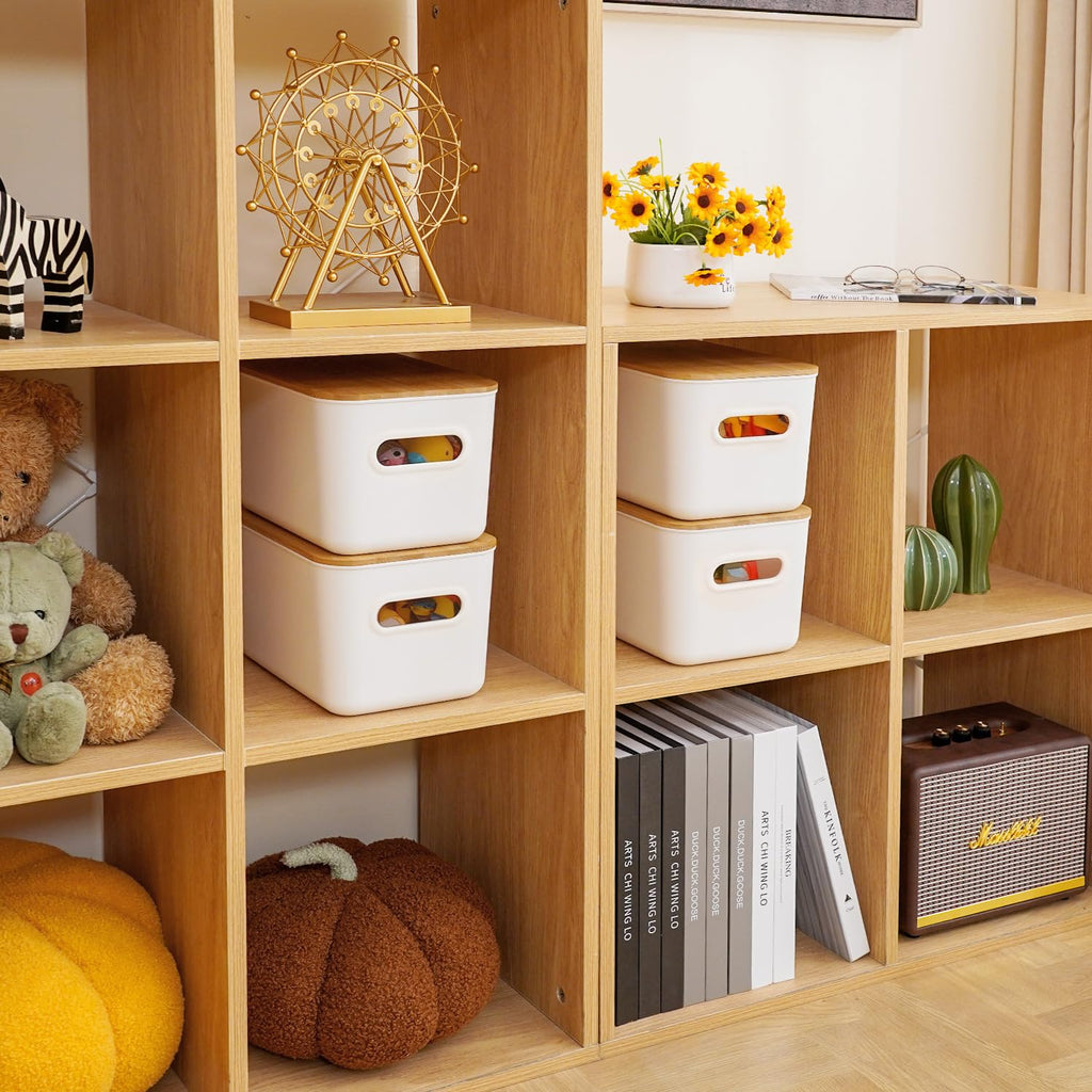 Citylife Storage Bins with Bamboo Lids 7QT Plastic Storage Containers Stackable Organizer Boxes with Handle for Desk Snacks, Toys, 2 PCS, 10" L x 7" W x 5.8" H