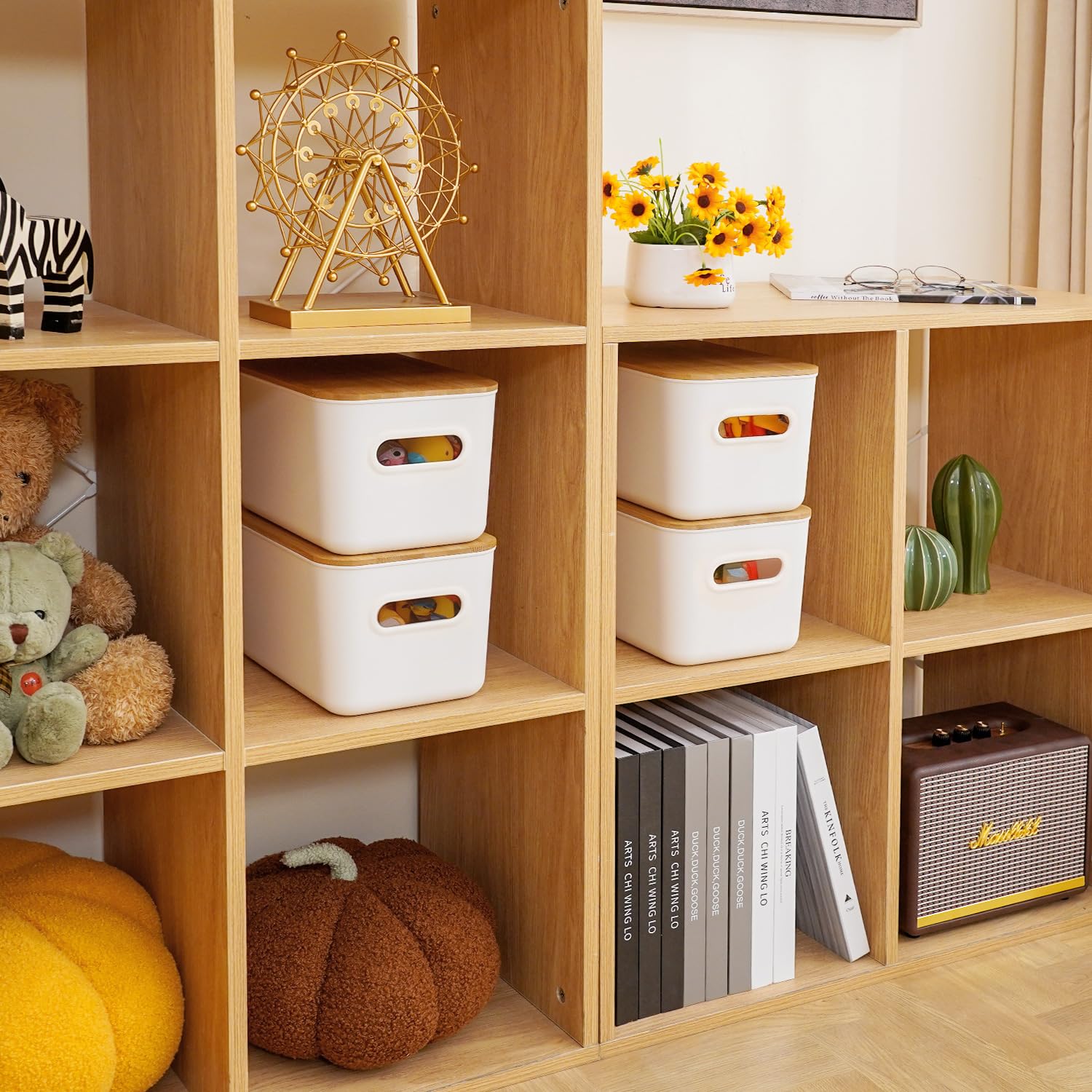 Citylife Storage Bins with Bamboo Lids 7QT Plastic Storage Containers Stackable Organizer Boxes with Handle for Desk Snacks, Toys, 2 PCS, 10" L x 7" W x 5.8" H
