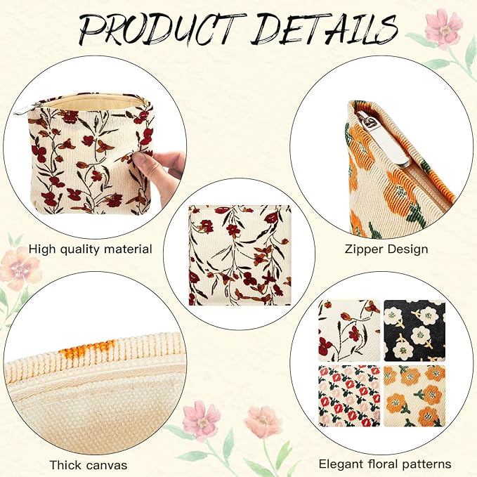 Abbylike 4 Pcs Small Makeup Bag Corduroy Cosmetic Pouch with Zipper Portable Little Bags for Purse Mini Pouch Cute Makeup Purse for Coin Essentials Items Women (Classic)
