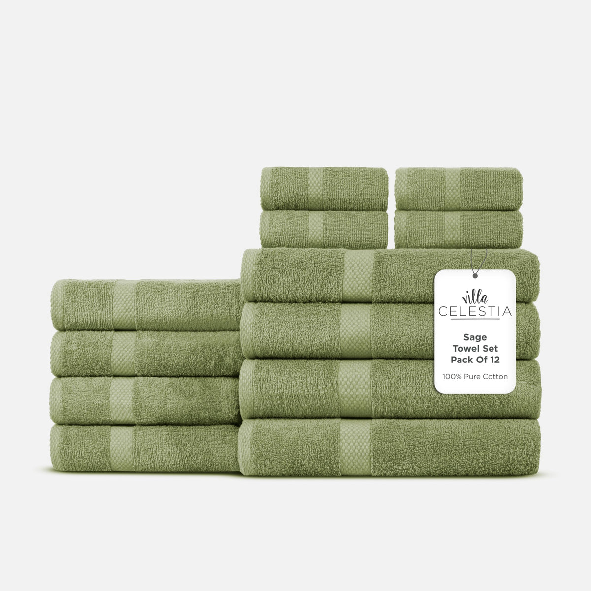 Villa Celestia Cotton Hand Towels Set of 4, 16 x 28, Oeko-TEX Certified, Quick Dry, Sage