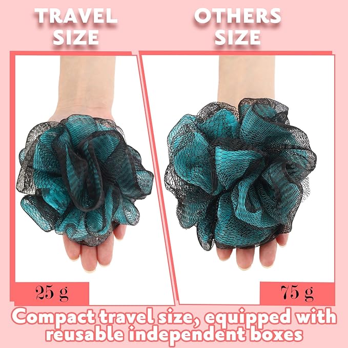 Funnymoom 12 Pcs Travel Size Loofah Individually Wrapped, Small Shower Puff Bath Sponge Pouf Ball Bulk Mesh Bath Puff Mini Loofah Sponge with Case Bulk for Shower Care (25g,Fantasy)