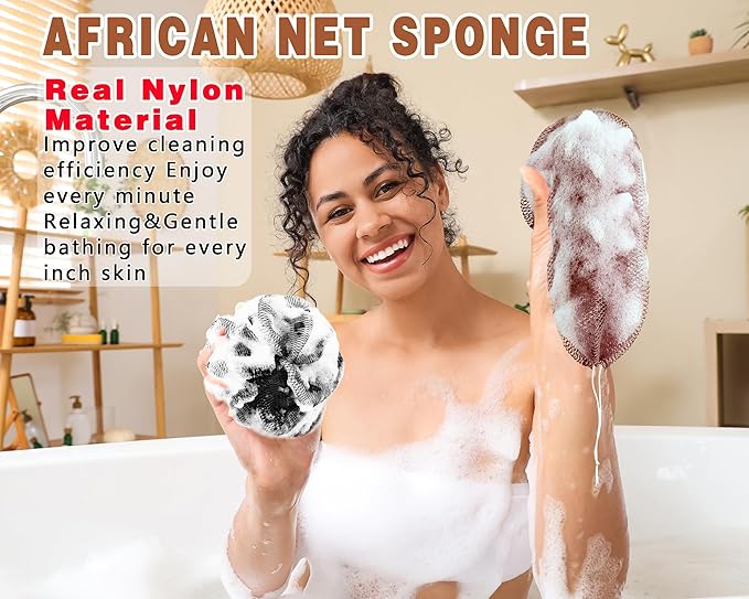 2 Pack African Net Sponge Exfoliating Body Scrubber Bath Sponge for Daily Use (Black+Dark Brown)