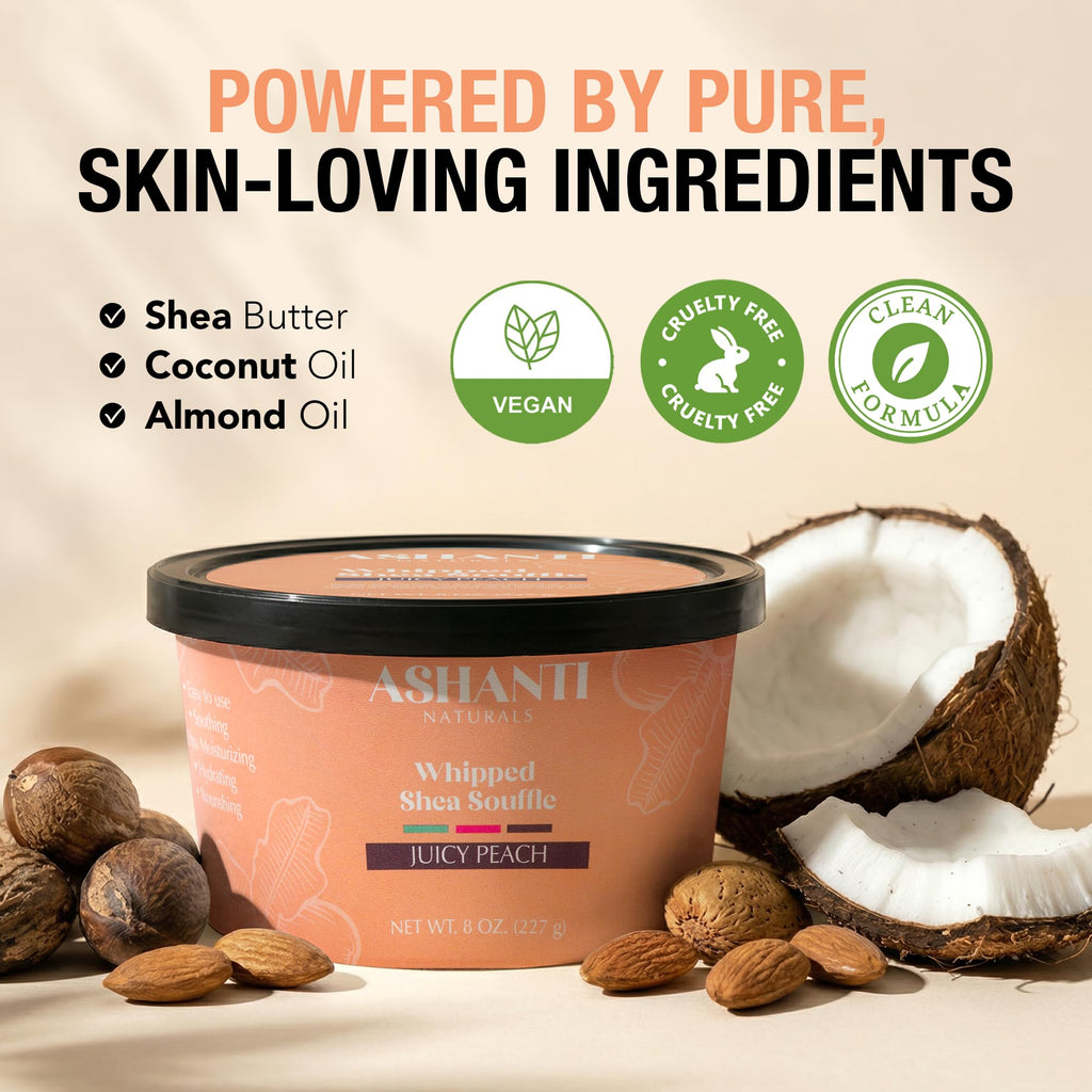 Ashanti Naturals Scented Whipped Shea Butter for Skin | African Body Butter for Women w/Coconut, Almond Oil (Juicy Peach Souffle, 8 oz)