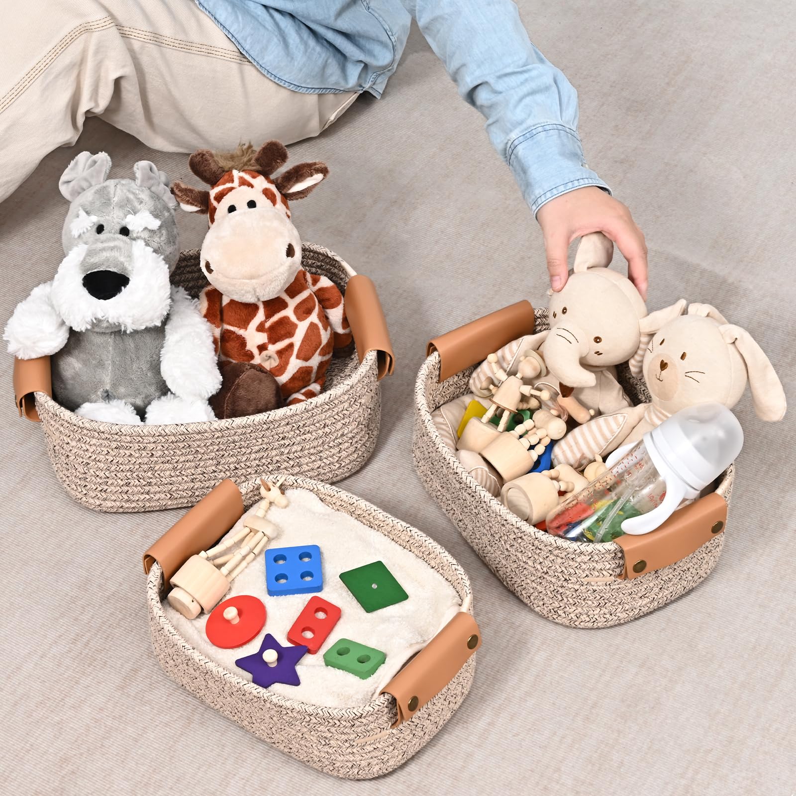 Storage Baskets for Organizing, Small Woven Basket Set of 6-4 Shelf Basket with Leather Handle and 2 Small Gift Baskets, Cotton Rope Basket for Shelves, Nursery, Dog Toy, Bathroom