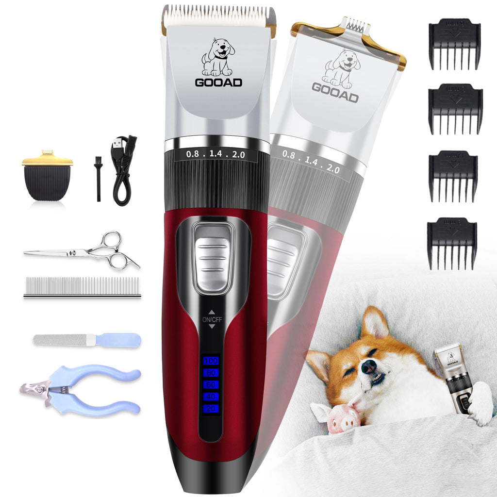 Gooad Dog Clippers Grooming Kit and Paw Trimmer,Cordless,Low Noise, Electric Quiet,Rechargeable, Dog Trimmer Grooming, Pet Hair Clippers for Thick Coats,Shaver for Small and Large Dogs Cats(Red)