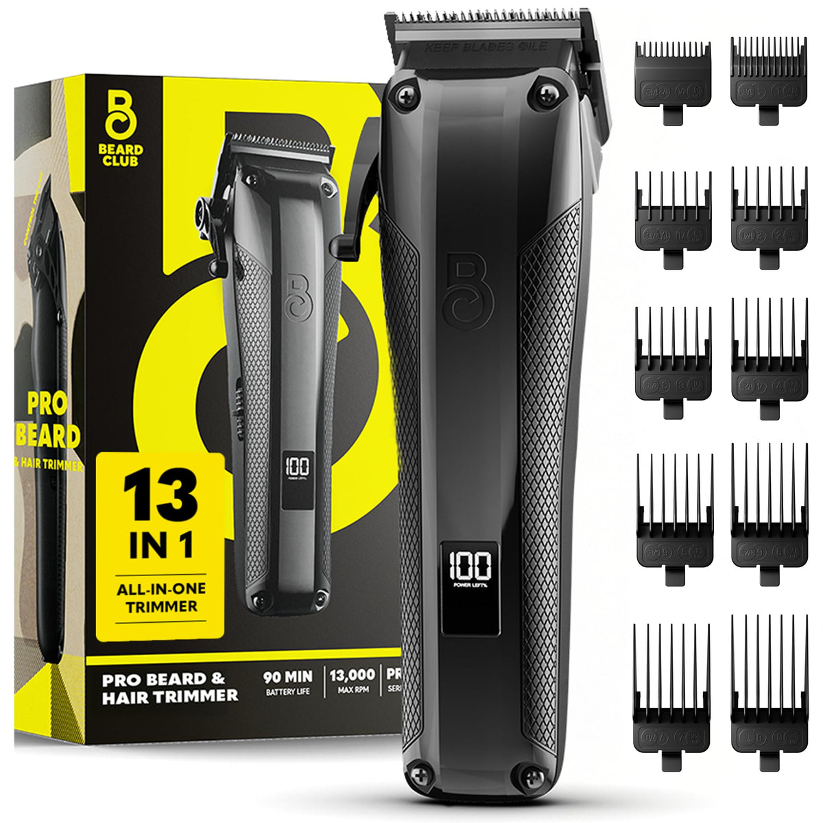 The Beard Club Pro Beard Trimmer for Men - Professional Men's Hair Trimmer for Barbers - Electric Cordless Rechargeable High Power 13,000 RPM - 10 Guides - Taper Lever - Diamond Like Carbon Blades