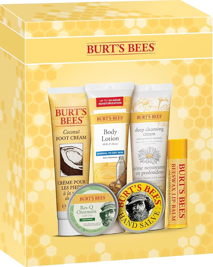 Burt's Bees Timeless Minis Kit, with Coconut Foot Cream, Milk and Honey Body Lotion, Deep Cleansing Cream, Res-Q Ointment, Hand Salve and Beeswax Lip Balm, natural origin skin care