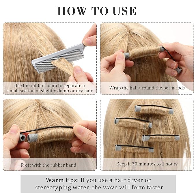 Chuangdi 24 Pcs Hair Perm Rods Plastic Cold Wave Perming Curlers Hair Rollers with Steel Pintail Comb Rat Tail Comb Tools for Hairdressing Styling(Grey,0.59 Inches)