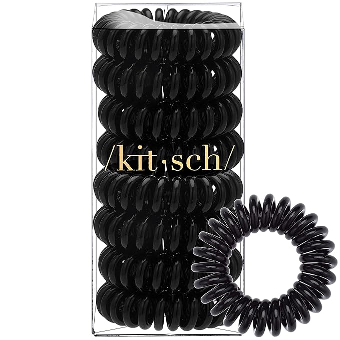 Kitsch Spiral Hair Ties for Women – Coiled Plastic Hair Ties No Damage, Ponytail Holders for Thick and Thin Hair – Creaseless and Dent-Free, Phone Cord Style - Black, 8 Pcs