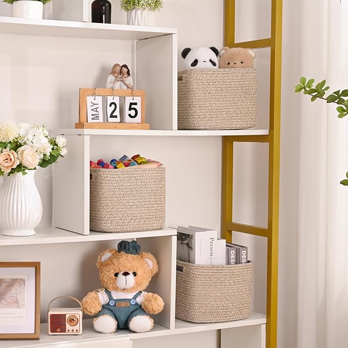 3 Pack Cube Storage Bin, 9”x9”x7” Cotton Rope Woven Baskets for Organizing Toys Clothes Towels, Square Gift Storage Baskets for Shelf, Nursery, Closet, Bathroom, Pantry (Jute)