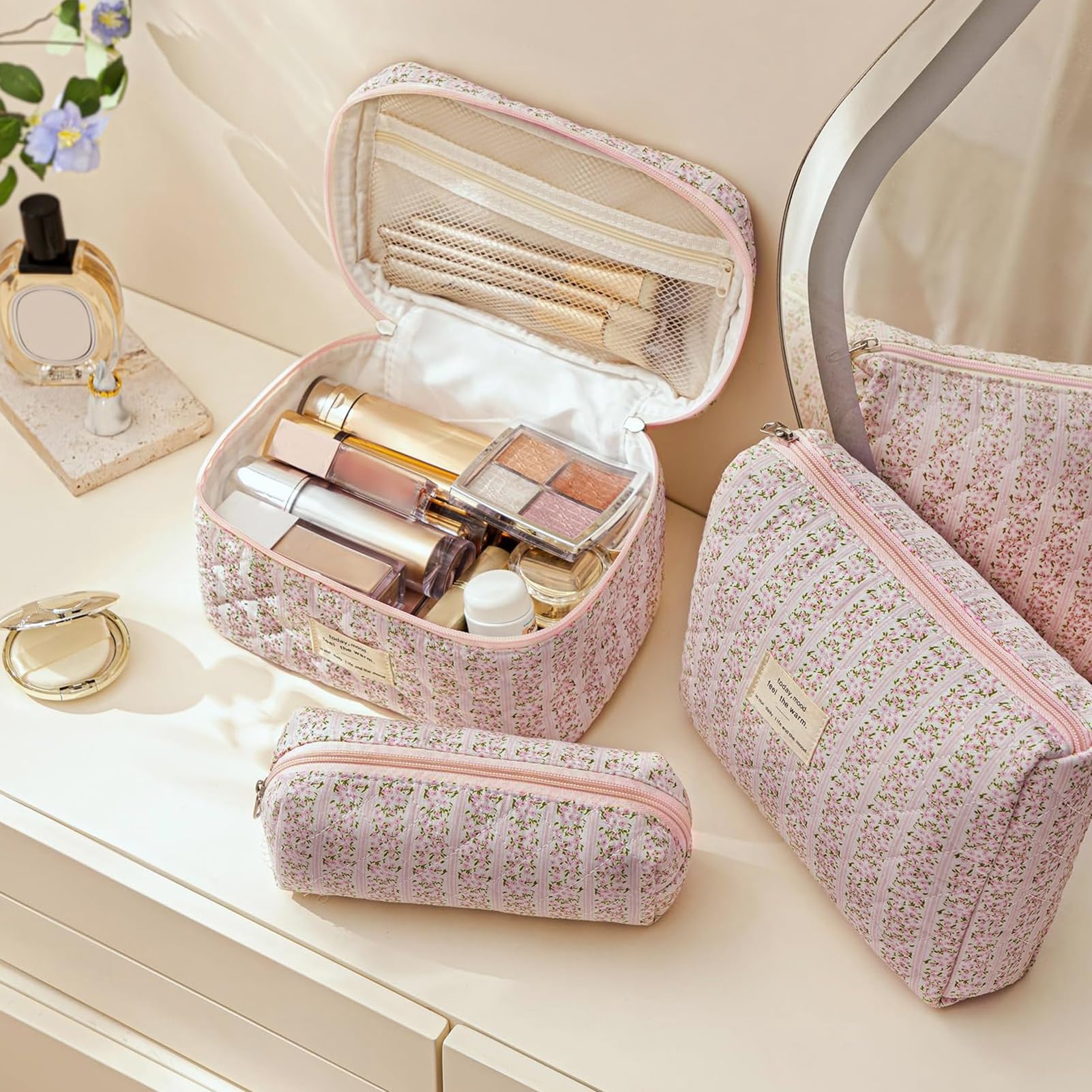 HBselect Quilted Makeup Bag, 3Pcs Cotton Large Travel Makeup Bags Organizer
