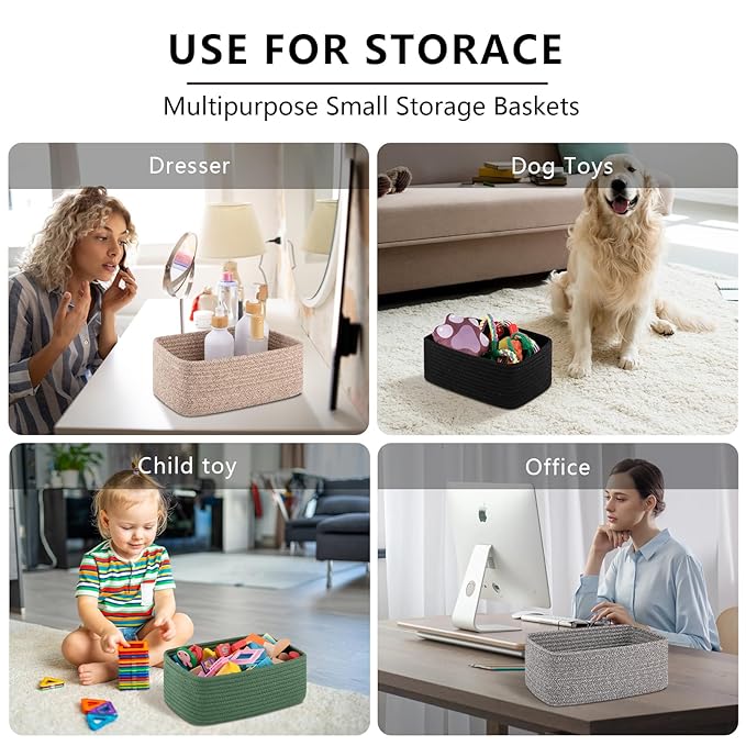 OIASKET 4 Pack Small Storage Shelf Baskets for Organizing, Mini Woven Rope Storage Bins for Towels, Cute Decorative Closet Organizer，Baby Nursery, Gift Empty Baskets -11.81''Lx7.87''Wx4.72''H-Green