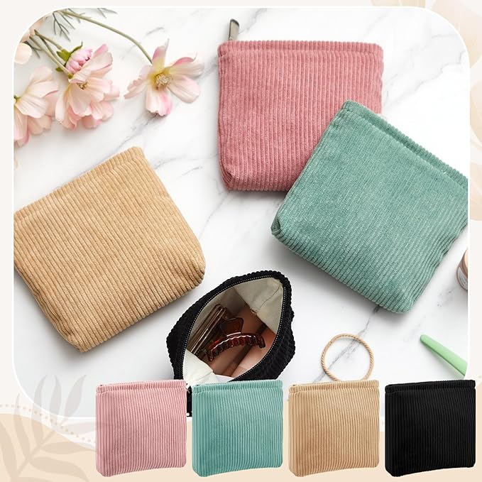 Abbylike 4 Pcs Small Makeup Bag Corduroy Cosmetic Pouch with Zipper Portable Little Bags for Purse Mini Pouch Cute Makeup Purse for Coin Essentials Items Women (Pure)