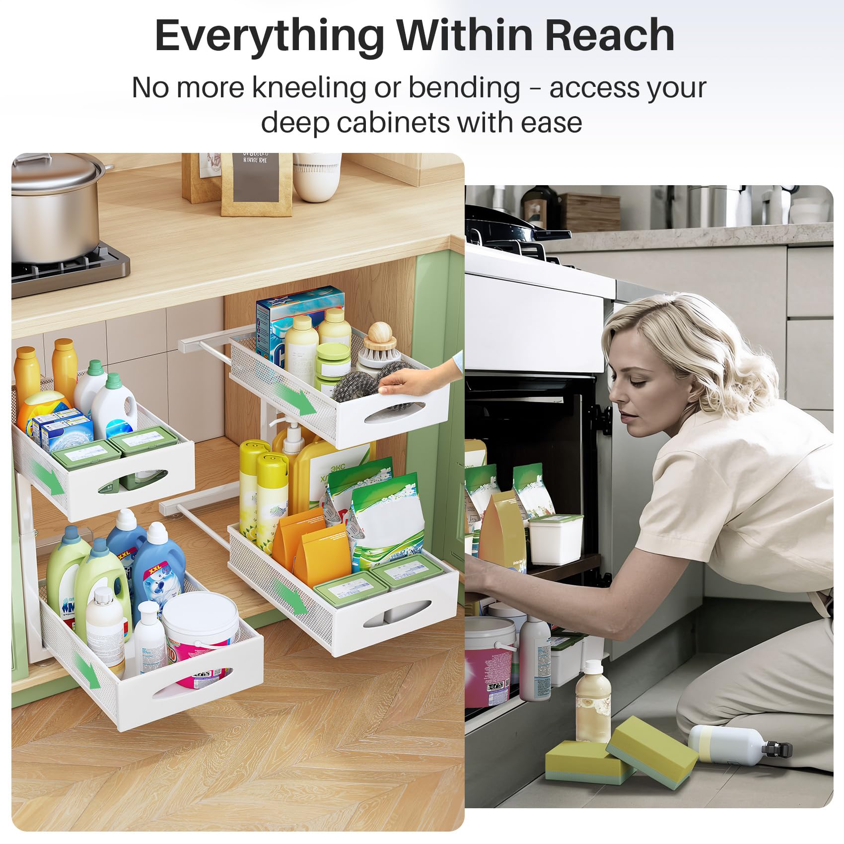 Under Sink Organizer, 2 Tier Pull out Cabinet Organizer Baskets with Mesh Sliding Drawers, Slide out Storage Shelf for Home, Kitchen, Bathroom, Pantry, Office Cabinet(1 Pack, White)