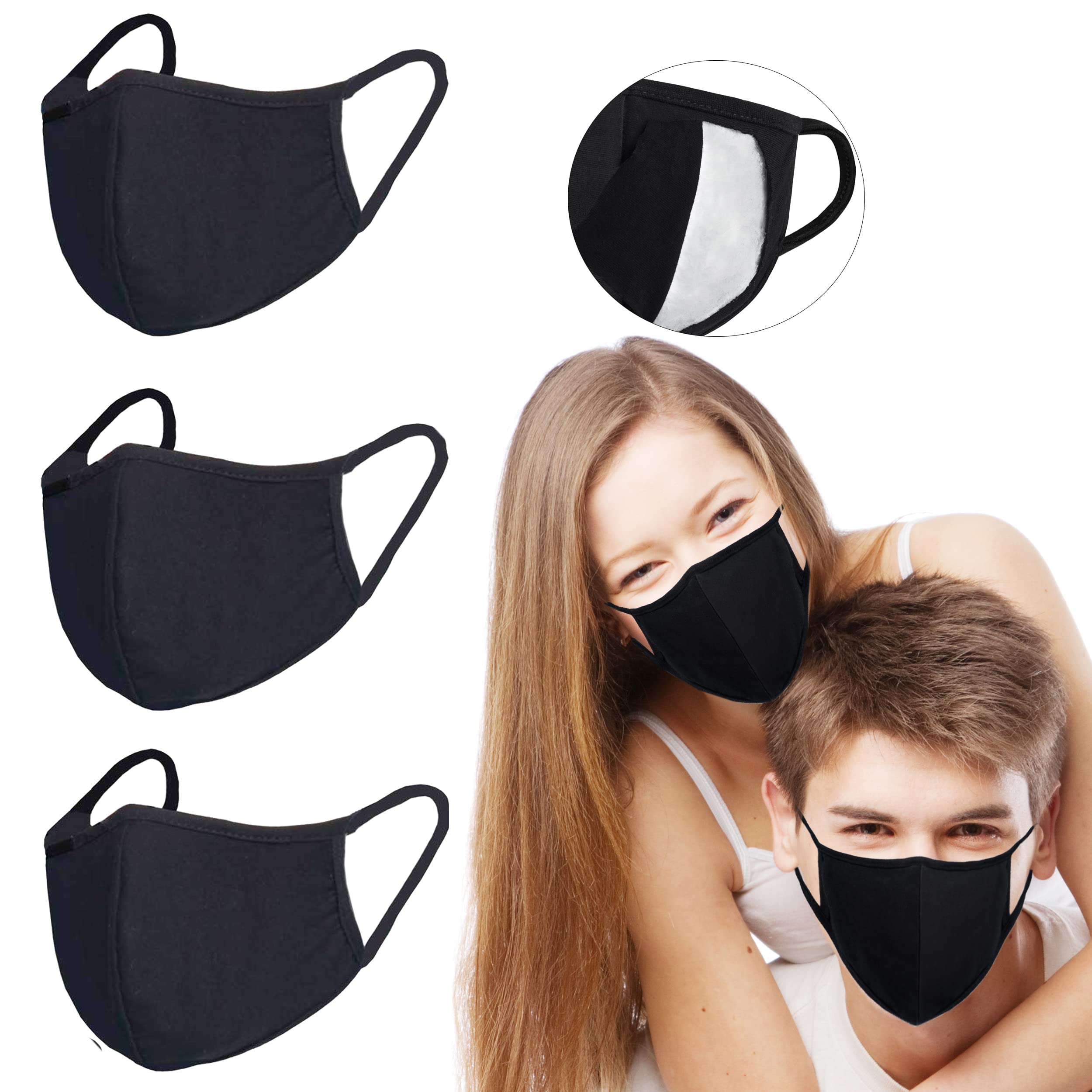 Black Dust Mouth Mask - All Cotton - Reusable Cloth Comfy Breathable Material Black Pack(3 Layers 100% Cotton)