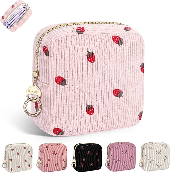 Cute Period Bag for Teen Girls, Corduroy Sanitary Napkin Storage Bag, Menstrual Pad Pouch Tampon Holder for Purse (Pink-Strawberry)