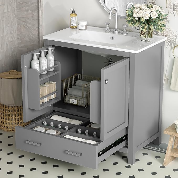 Bellemave 30" Bathroom Vanity with Sink Combo Set, Solid Wood Frame Bathroom Storage Cabinet with a Drawer, 2 Soft Closing Cabinet Doors with Organizer, Grey