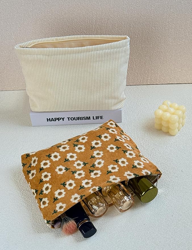 RIKMOXR 2 makeup bags Women's floral lamp core velvet canvas makeup bag, travel makeup bag, wallet storage, khaki and cute beige