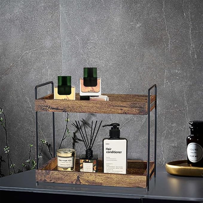2 Tier Bathroom Counter Organizer Wood Bathroom Storage Shelf Spice Rack for Kitchen Countertop Vanity Tray Makeup Storage Coffee Station Organizer-Rustic Brown