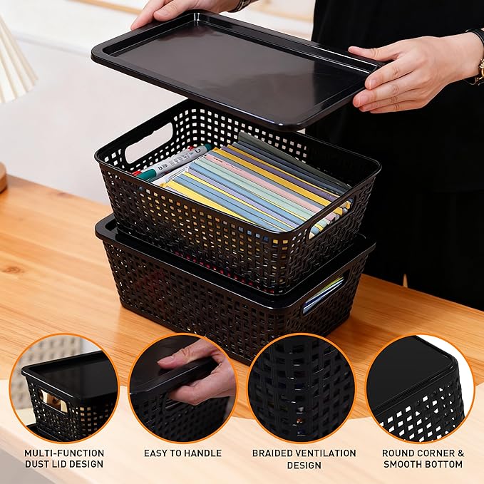 Anywish Plastic Storage Baskets With Lid, Storage Bins for Organizing, Stackable Decorative Containers for Shelves Drawers Desktop Closet Playroom Classroom Office, 8 Pack-Black