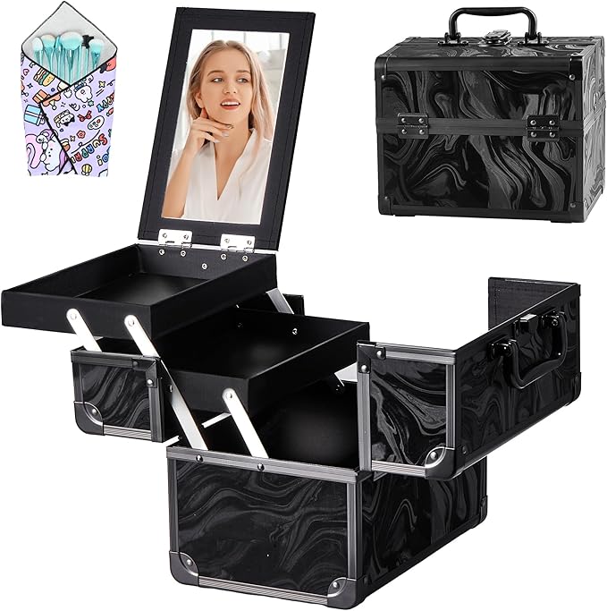 GALHUBIS Makeup Train Case, Portable Makeup Case with Mirror, 2-Trays Cosmetic Organizer Case,Nail Polish Organizer, Travel Makeup Box, Profesional for Salon Barber, Pattern Black