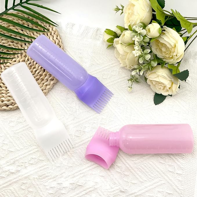 BlingKingdom 3 PCS 170 ML Root Comb Applicator Bottles with Graduated Scale, Soft Pliable Hair Oil Applicators Dye Brush Applicator Bottle for Hair Oiling Applying Massaging Coloring (3 Colors)