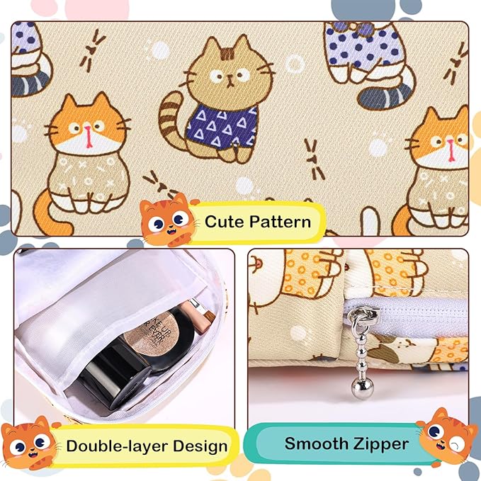 Period Bag Pouch, Canvas Sanitary Napkin Storage Bag for Girls Womens, Portable Sanitary Napkin Period Pad Pouch for Purse, Small Make Up Bags(Khaki Cat)