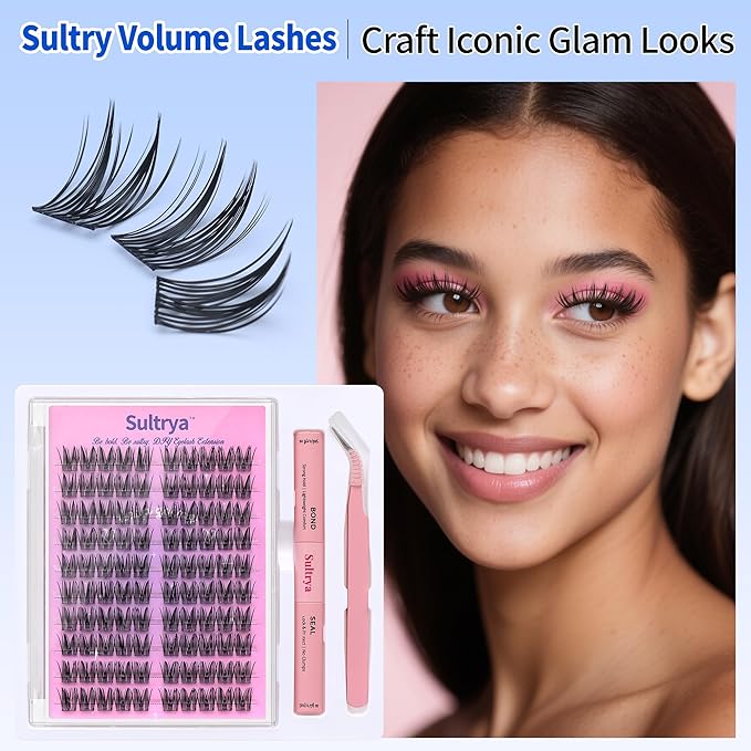 DIY Eyelash Extension Kit 100pcs Clusters HANDMADE Faux Mink Individual Clusster Lahses for Natural Fluffy Wispy Looks False Eyelashes Self Application at Home with Bond Seal Tweezers (13mm, S01 KIT)