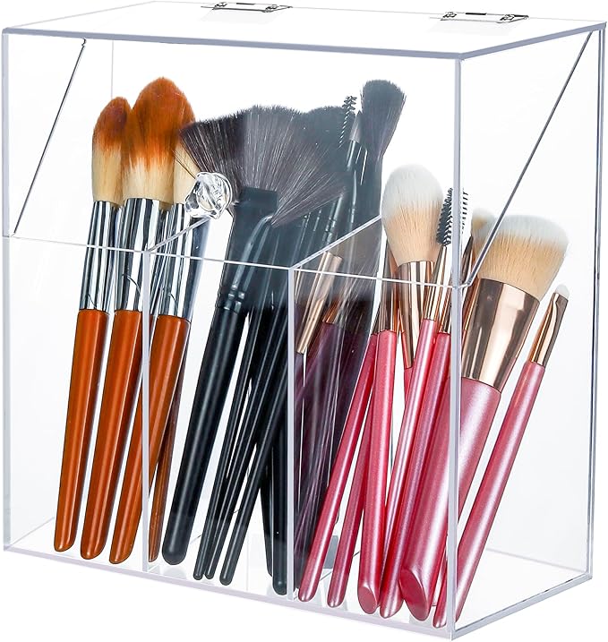 LOHRYVIO Acrylic Makeup Brush Holder with Lid - Clear Cosmetic Makeup Brush Organizer and Storage Box with Cover for Vanity - Large Capacity 3-Slots Container for Brushes (Clear)