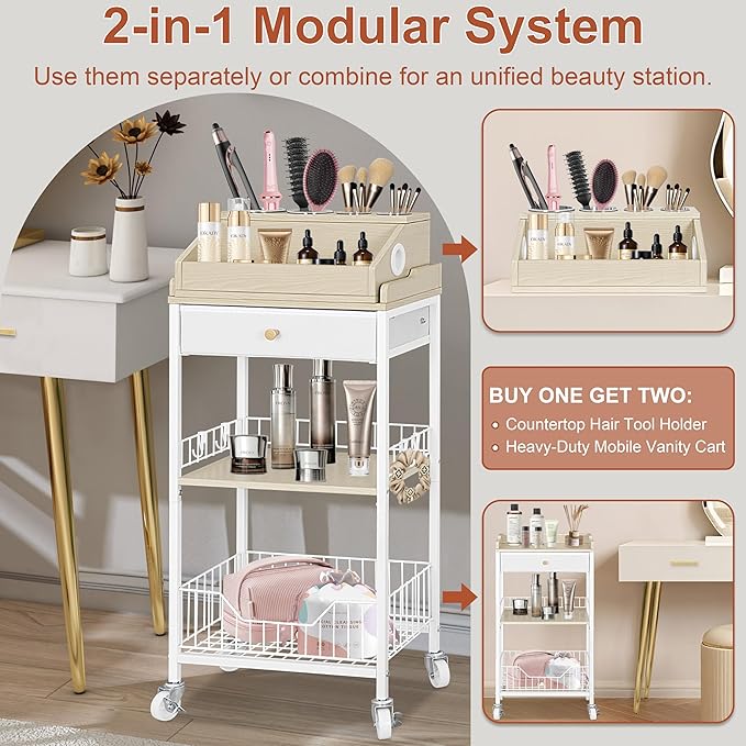 NauwaBarn Makeup Organizer Cart with Removable Cosmetic Display Case, Large Makeup Cart with Drawer and 4 SS Tool Cups, 2-in-1 Vanity Organizer for Skincare Perfume Nail Polish Brush, White & Natural