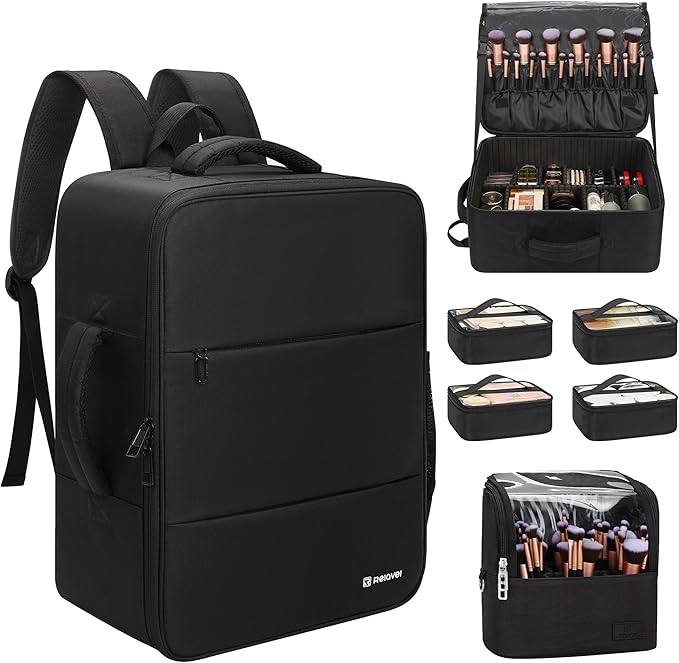 Relavel Makeup Backpack Extra Large Travel Train Case Professional Makeup Artist Kit Set Bag with 4 Clear Bags, Brush Storage Organizer Box with Dividers for Cosmetic Hair Tools Barber Supplies