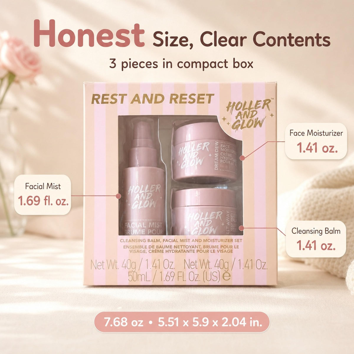 Holler & Glow Rest & Reset Skincare Set - Cleanser, Mist & Moisturizer