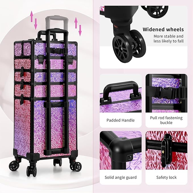 JINGUAN Professional Rolling Makeup Train Case with Lid, 5 in 1 Cosmetology Case on Wheels, Large Cosmetic Trolley Organizer Travel for Hairstylist Artist Nail Beauty Salon Barber, Gravel Pink