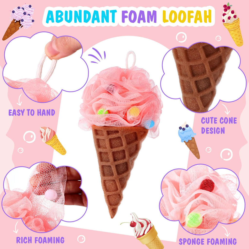Reallnaive 4 Pcs Ice Cream Bath Loofah Sponge Cartoon Body Scrubber Loofah Soft Mesh Exfoliating Bath Scrubber Shower Ball for Shower Sponge Gifts Exchange Birthday Party